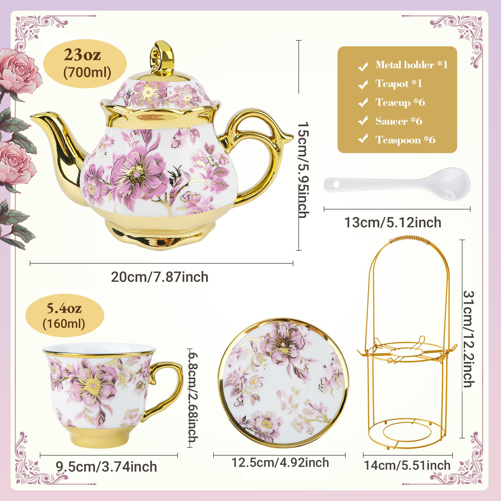 Juego de té de porcelana de 20 piezas con soporte de metal, regalo para adultos, juego de té de cerámica europea para adultos, juego de platillo de taza de té de flores para fiesta con pintura de