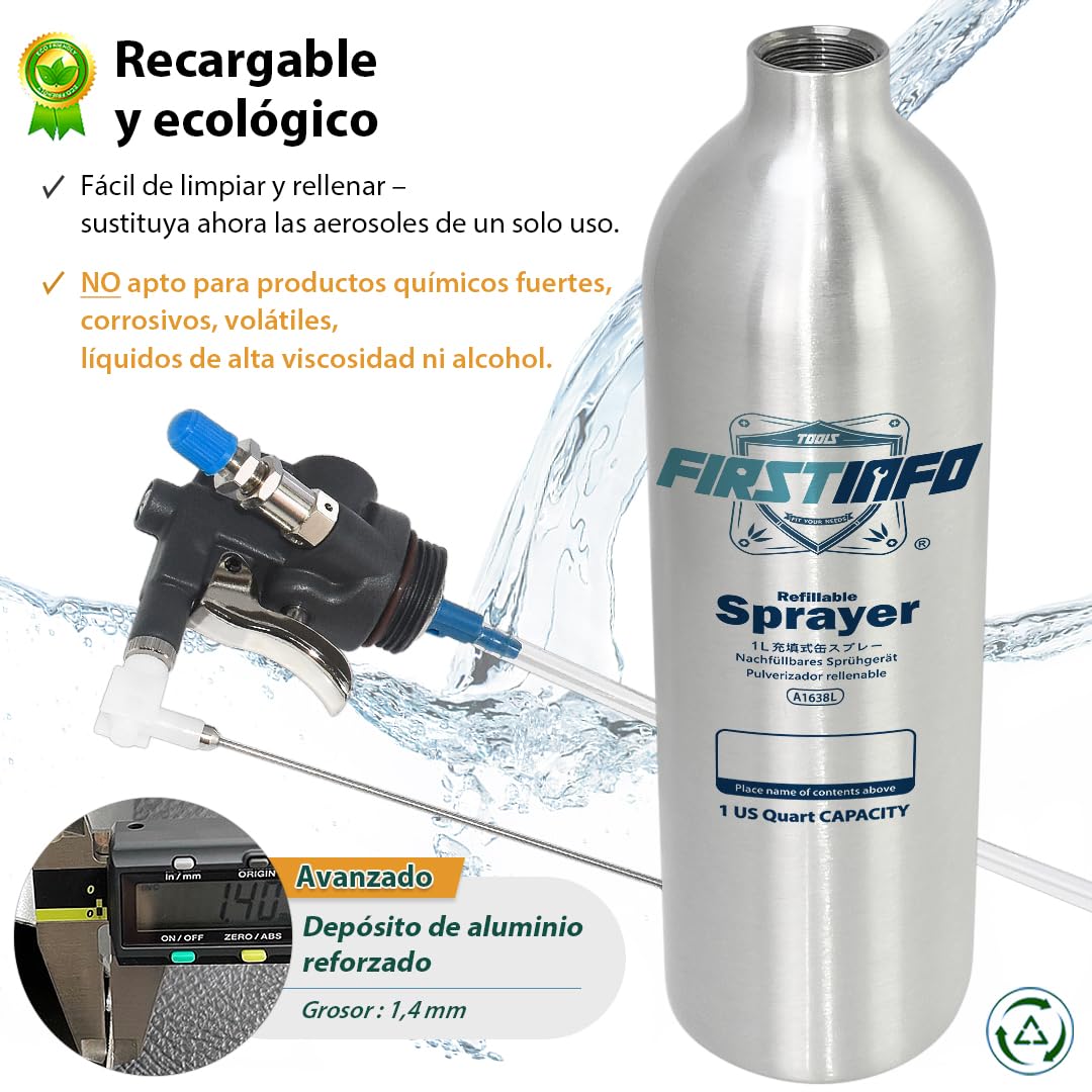 FIRSTINFO A1638L | Pulverizador recargable de aluminio 1 L | Envase vacío tipo aerosol | Presión máxima 140 PSI | Con boquilla de doble vía | Herramienta para mantenimiento y lubricación
