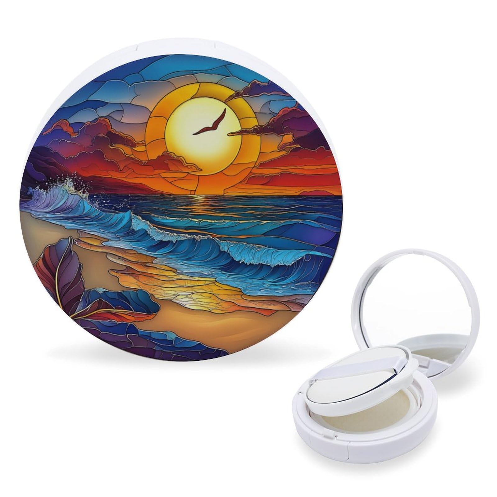 Hayyett Beach Sunset Stained Glass Air Cushion Puff Box Portable Cosmetic Makeup Case Container,Loose Powder Foundation Container