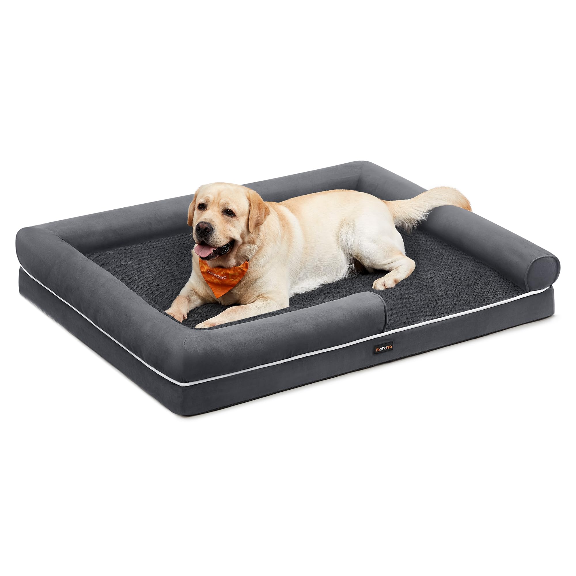 Feandrea Cuccia per Cani Ortopedica, Letto Divano per Animali, Imbottitura Morbida, Bordi Rialzati, Copertura Sfoderabile e Lavabile, 135 x 107 x 25 cm, Fondo Antiscivolo, Grigio Scuro PGW079G01