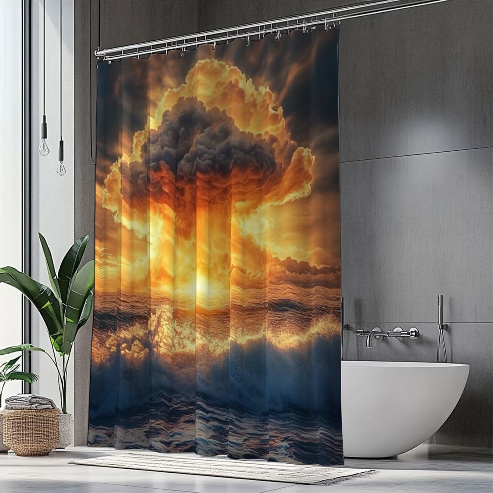 Rideau de douche motif lever du soleil pour une salle de bain lumineuse