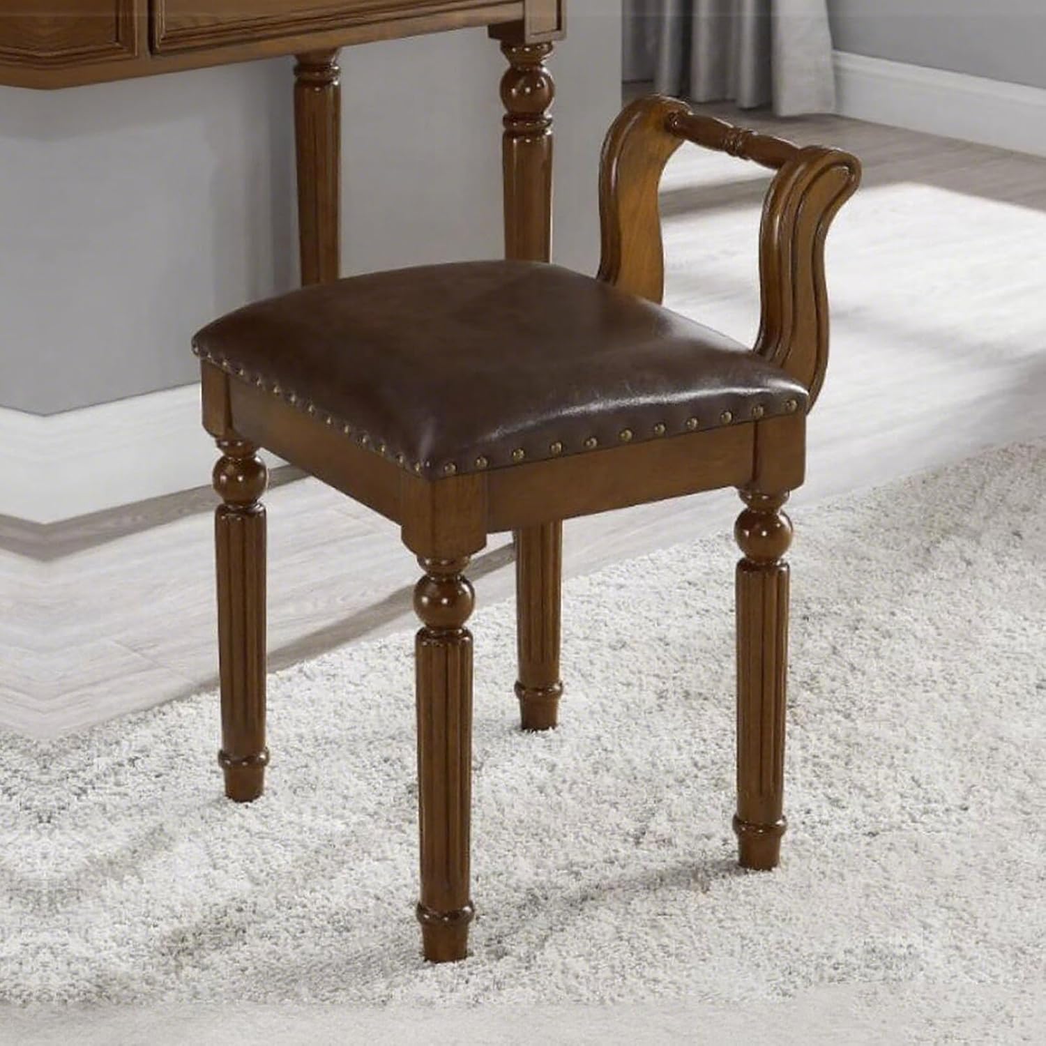 Leather Ottoman Vanity Stool,Brown Chair for Makeup Room,Upholstered Fabric Vanity Bench Seat for Bedroom Living Room Dining Room Makeup Chair Piano (Walnut, 23×17×15)