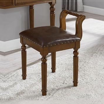Leather Ottoman Vanity Stool,Brown Chair for Makeup Room,Upholstered Fabric Vanity Bench Seat for Bedroom Living Room Dining Room Makeup Chair Piano Walnut, 231715