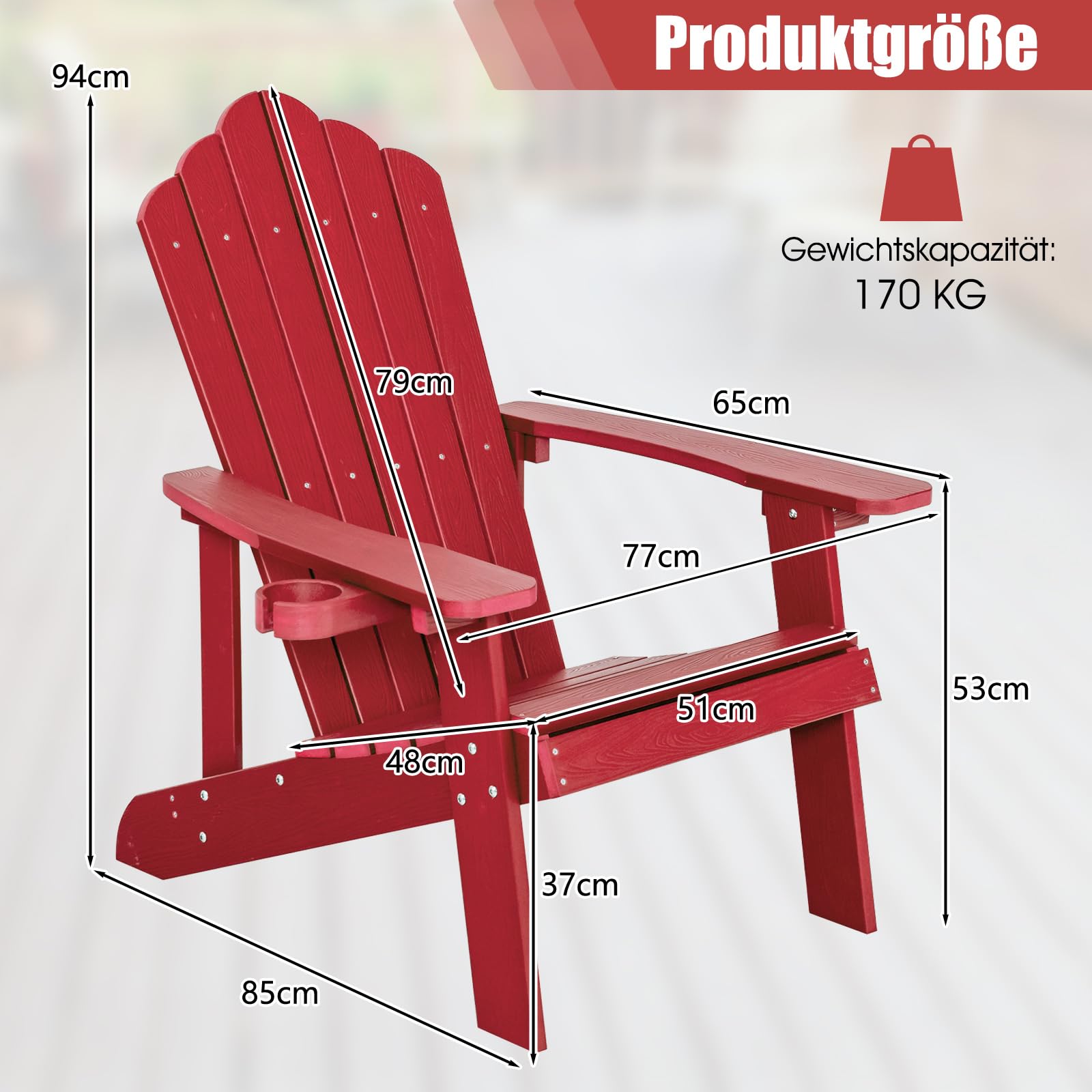 COSTWAY Adirondack Stuhl mit Getränkehalter, wetterfester Gartenstuhl, Gartensessel aus Kunststoff, Outdoor-Stuhl für Garten, Terrasse, 170 kg Tragfähigkeit (Rot)