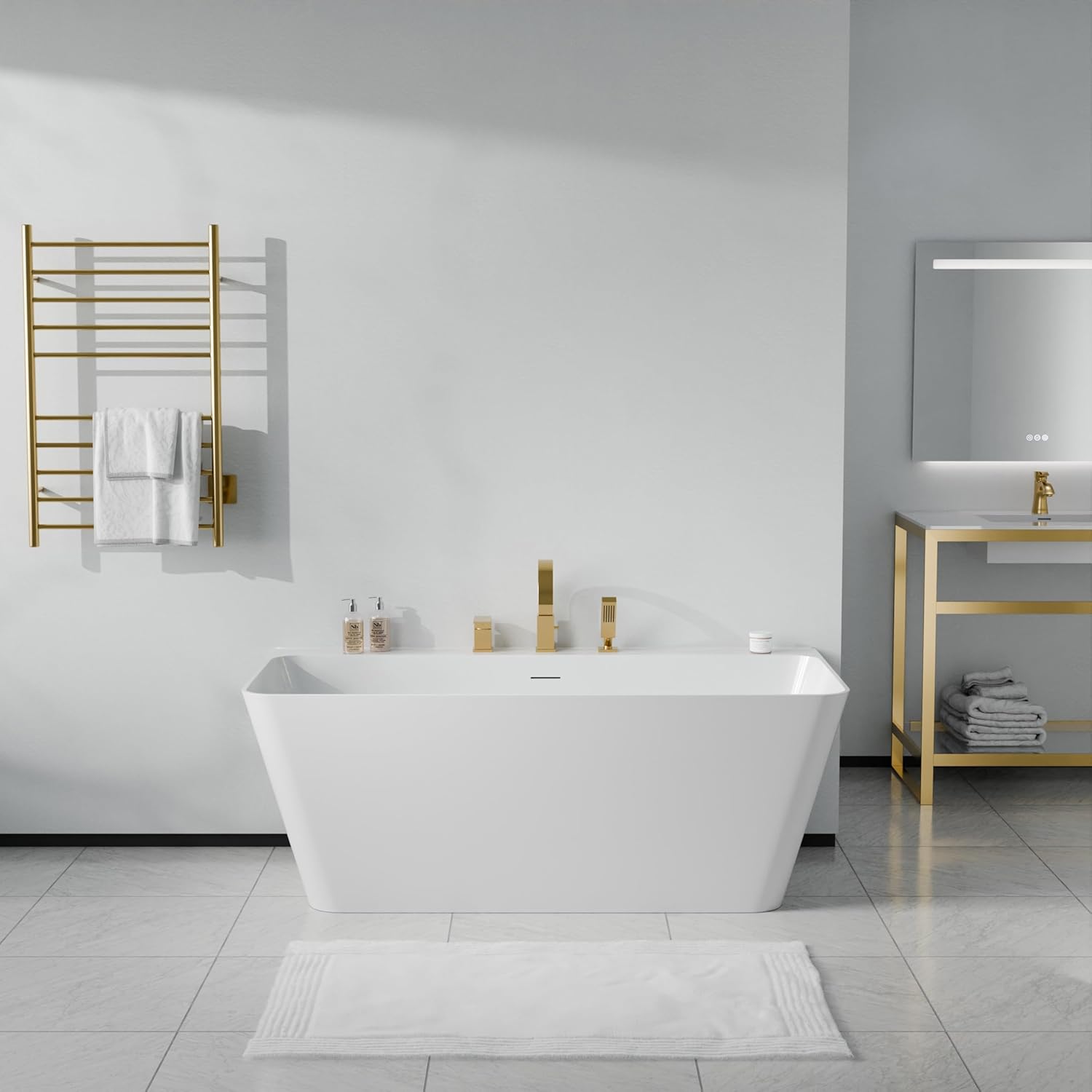 Vault Series 67 in. x 32 in. Flat Bottom Acrylic Freestanding Soaking Bathtub with Center Drain, Brushed Gold Faucet