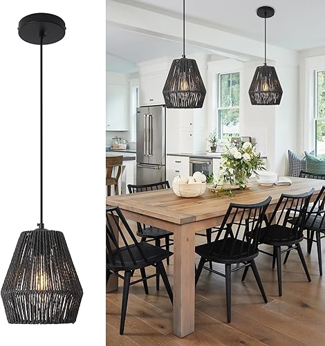Lámpara colgante de ratán tejido negro, lámpara colgante de granja de 7 pulgadas, pantalla tejida a mano, moderna lámpara bohemia para cocina, isla, disponible en Yaxa Peru