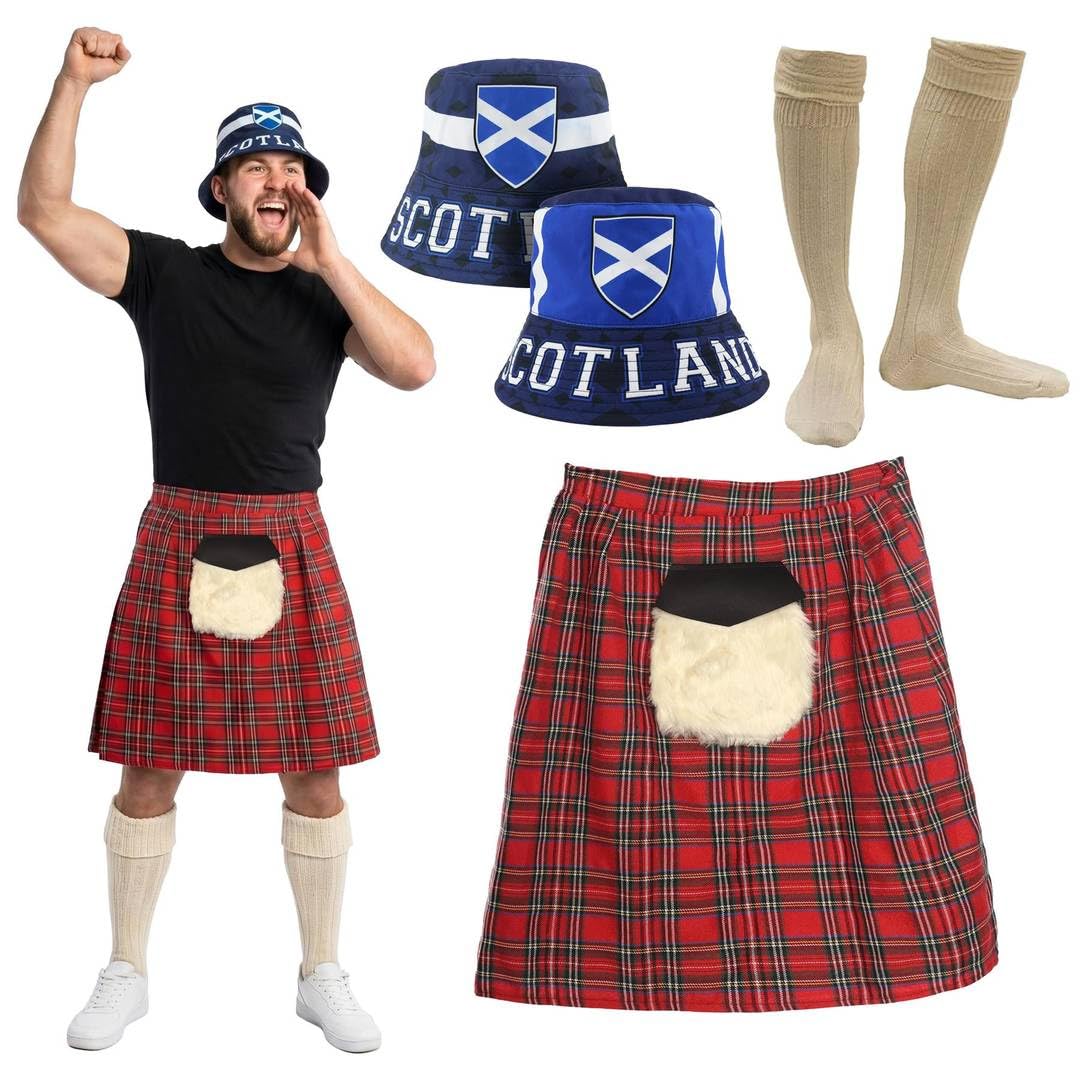 Scotland Fancy Dress Costume Set Adults - Blue Tartan Kilt with Sporran, Bucket Hat and Saltire Socks - Unisex Scottish Outfit for Burns Night, Highland Games and Football Fans - Standard to XL