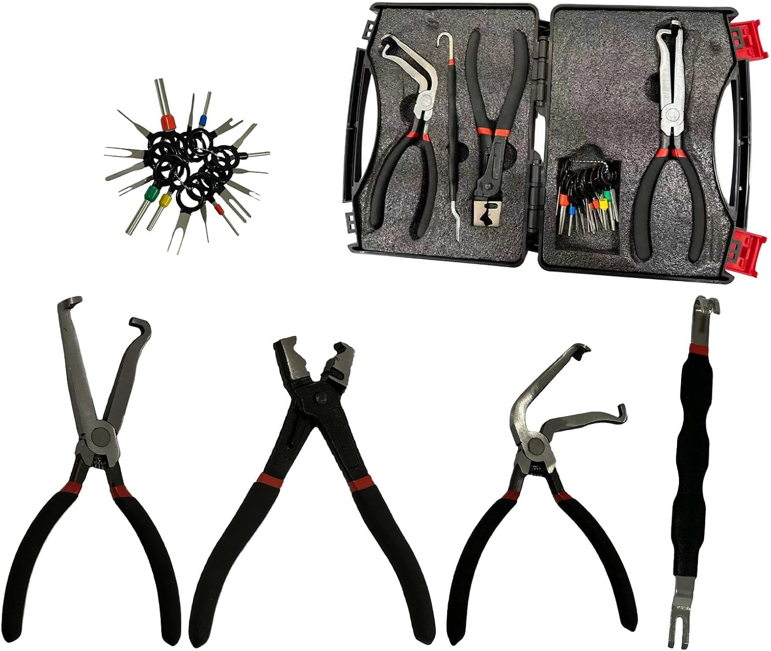 Electrical Disconnect Pliers and Car Terminal Pin Removal Tool Kit，37960/37980/13120/55230 Collar Hose Clamp Pliers Set for Automotive Electric Wire Plug Separator
