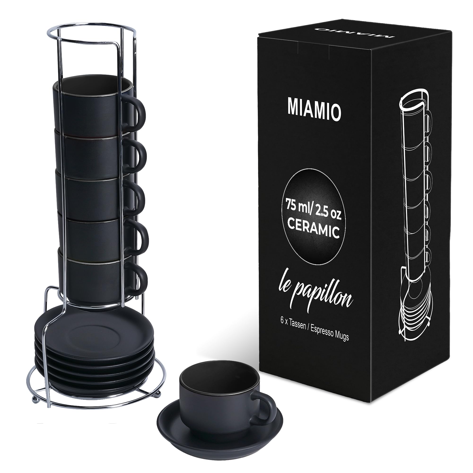 Sponsored Ad - MIAMIO - 2.5 oz Espresso Cup Set with Saucers Coffee Mug Set of 6 - Ceramic Coffee Mug Stackable Espresso Mug with Stand for Coffee Drinks, Latte, Cafe Mocha - Le Papillon Collection (Black)
