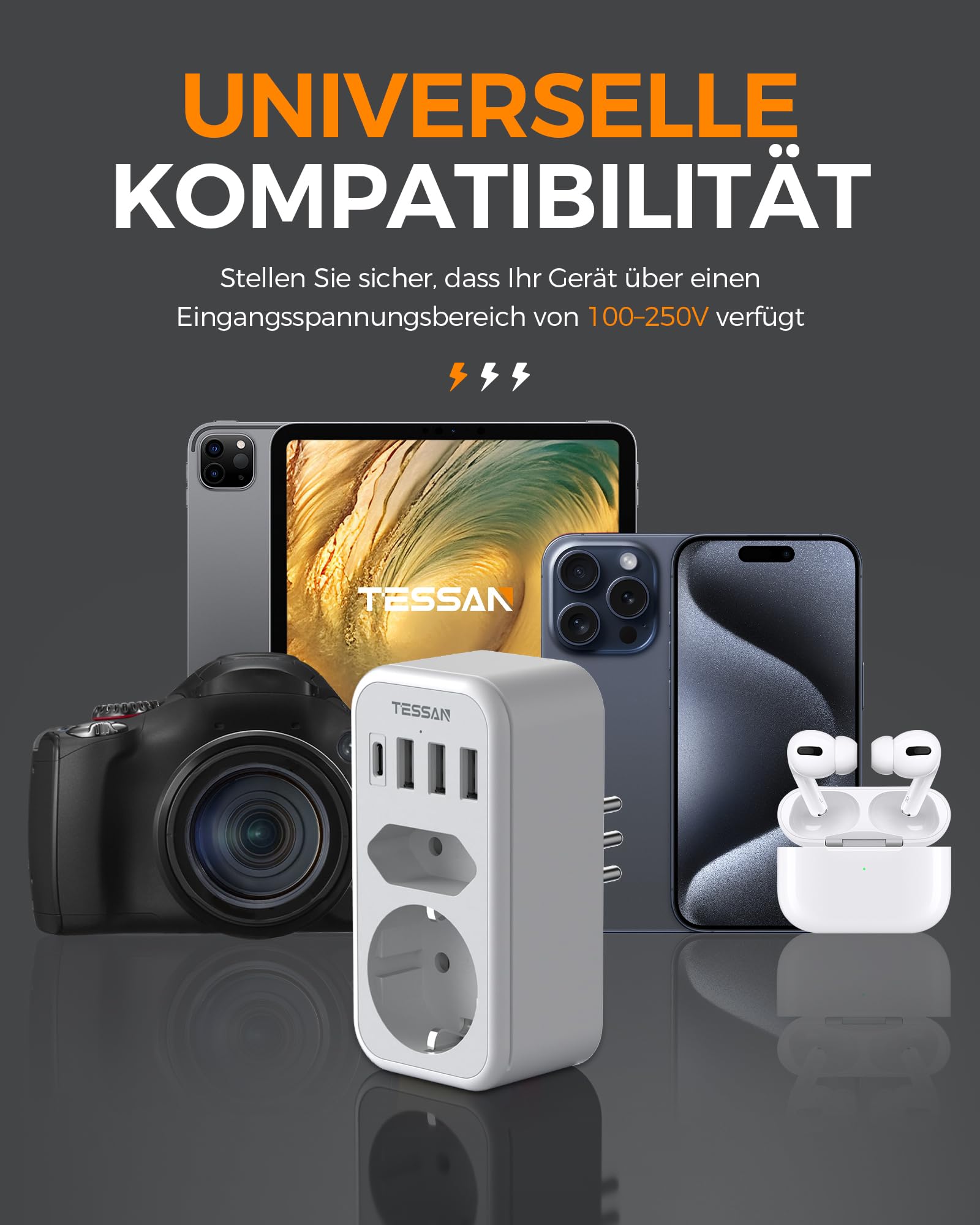 TESSAN Adapter Włochy do gniazdka, 6 w 1, adapter podróżny Włochy z 1 USB C i 3 USB A, adapter podróżny Chile, adapter Włochy Niemcy, adapter do gniazdka wtykowego USB do Włoch Chile Urugwaju