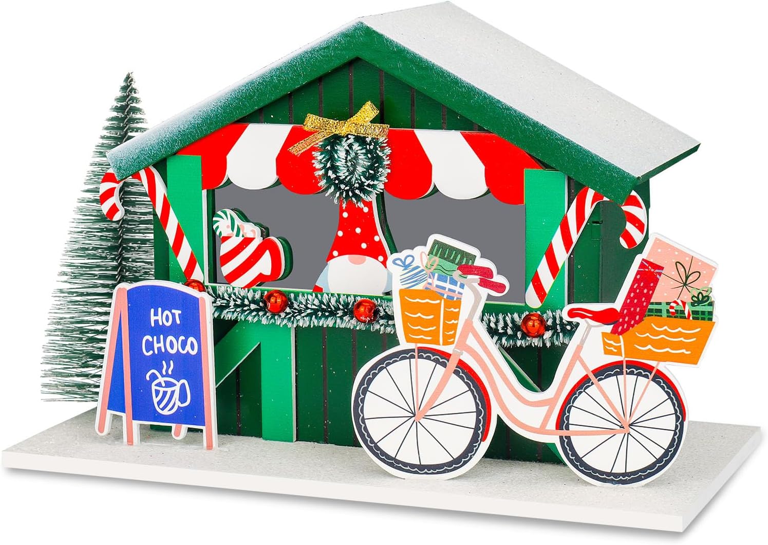 Christmas Decor Village Sets, LED Lighted Caf, Village Home Xmas Scene Snow House, Suitable for Children Adults Handmade Collection of Indoor Table Decorative Architectural Present?Bicycle?