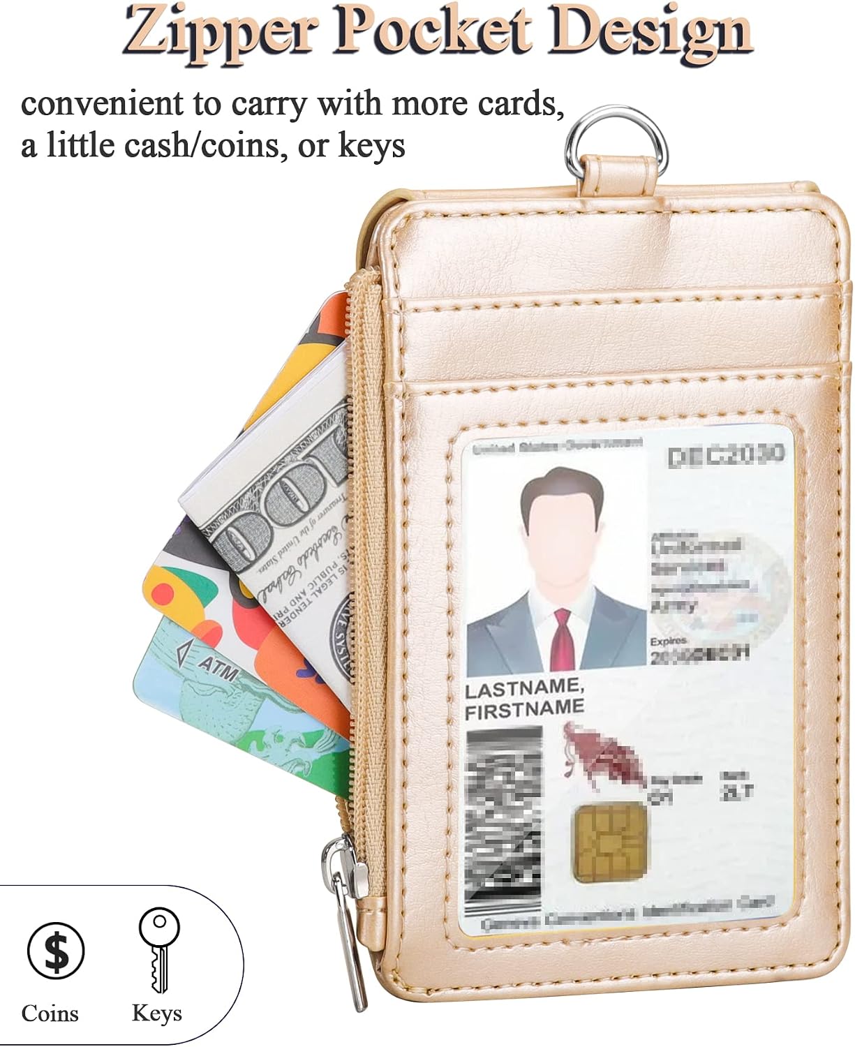 Teskyer Badge Holder with Side Zip Pocket, Multiple Card Slots Leather ID Holder Wallet with Neck Lanyard for Office Staffs, Teachers/Students, Couriers, Workers, Gold