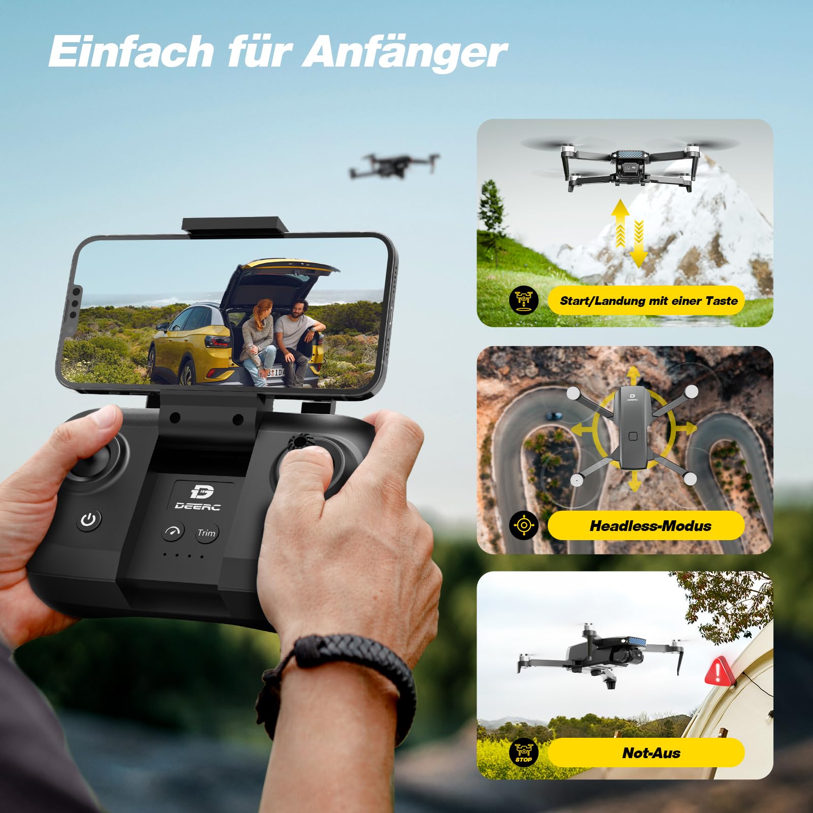 DEERC Drohne mit Kamera 1080P für Kinder, Anfänger, D20S RC Drohnen faltbar mit FPV Übertragung, 2 Akkus Lange Flugzeit, Bürstenloser Motor,Höhenhaltung,Optisch Fluss Spielzeug Geschenk für Jungend,C0
