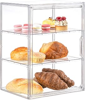 Bread Box, Pastry Display Case for Kitchen Countertop - 3-Tier Adjustable Clear Acrylic Bread Storage with Magnetic Door Closure, Counter Display for Homemade Bread, Bagels, Donuts, Muffins