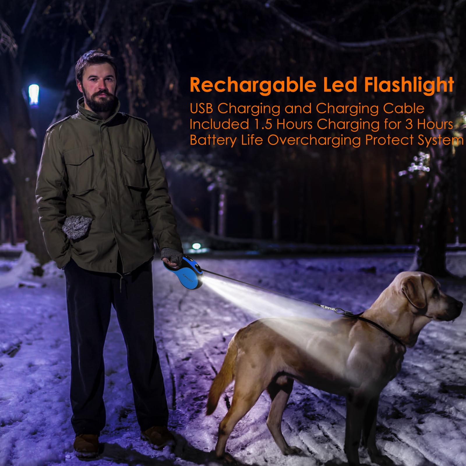 Laisse rétractable pour chien avec câble anti-mastication et lampe de poche LED, 4,8 m – Laisse robuste pour chiens de petite, moyenne et grande taille pesant jusqu'à 50 kg, sans