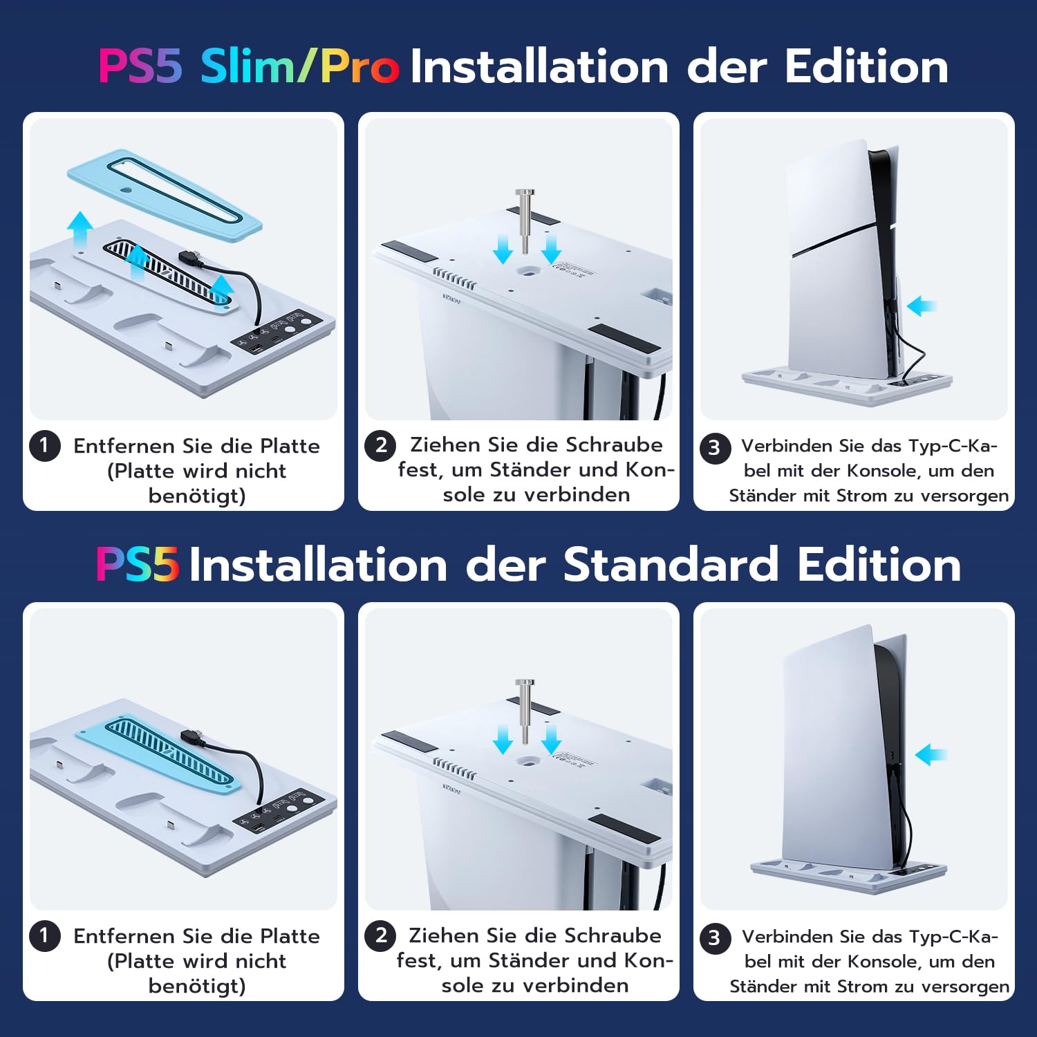 Vertikale Standfuß mit Kühlung für PS5/Pro/Slim, Dual Controller Ladestation Ständer mit 3 Stufen Lüfter/RGB Licht für PlayStation 5 UHD& Digital /PS5 Slim Disc & Digital