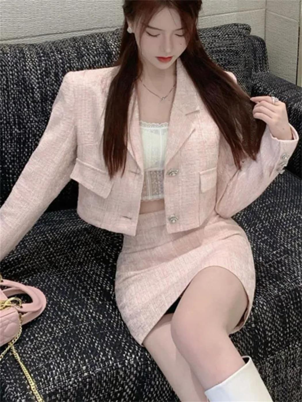 Women's Tweed 2 Piece Set Crop Woolen Jacket with Bodycon Mini Skirt Autumn Winter Chic Outfit Suits