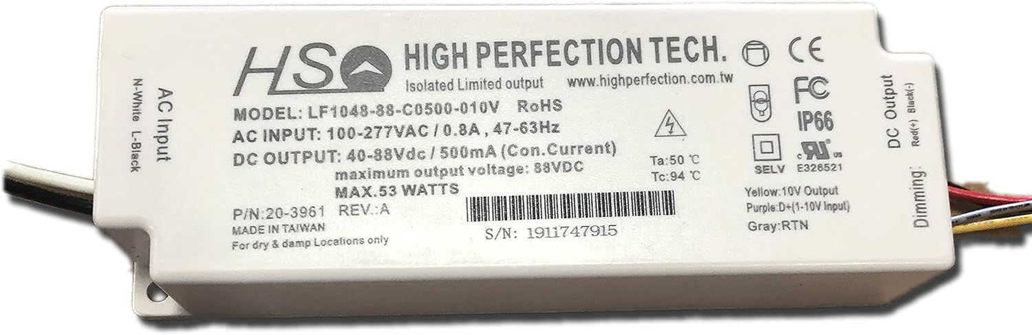 LF1048-88-C0500-010V, 500ma, 0-10v dimmable, 48 watt maximum, cULus, CE, RoHS, CE, IP66
