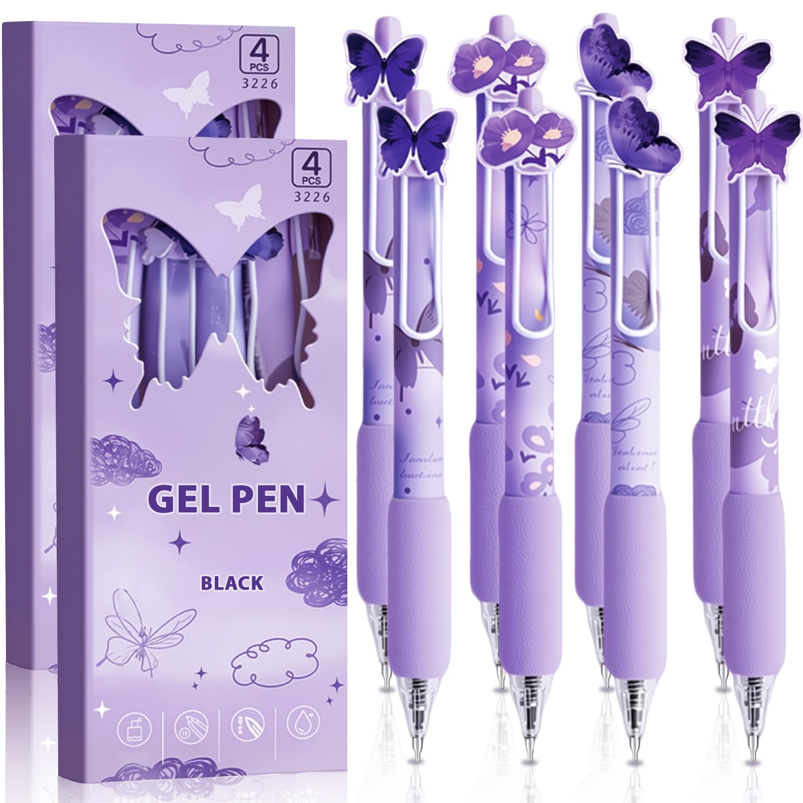 Butterfly School Supplies 8 Pcs Purple Butterfly Pens Cute Retractable Gel Pens 0.5mm Black Ink Writing Pen for Women Men Pen Set Office School