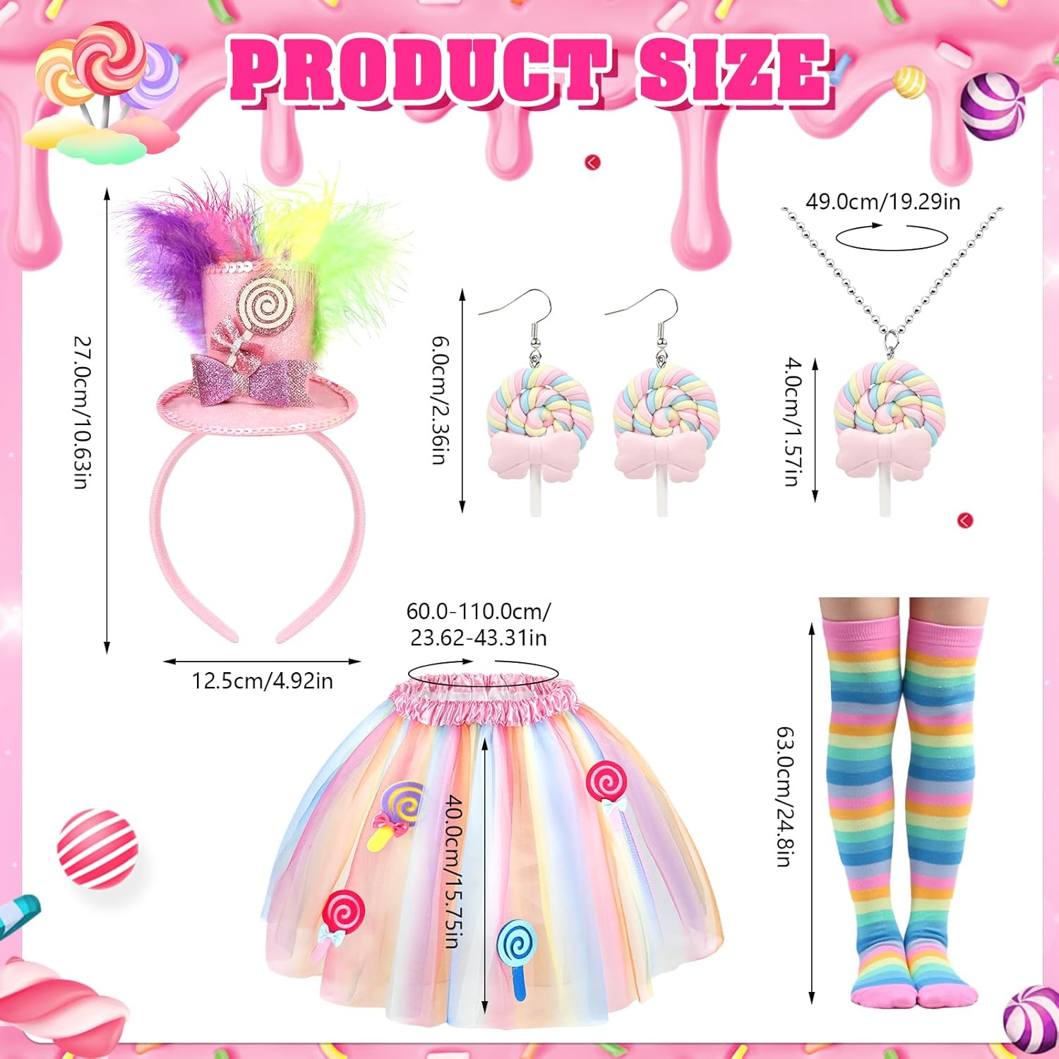 Candyland Candy Costumes for Women,Top Hat Headband Lollipop Necklace Earrings Sweet Rainbow Tutu Stocking Candy Theme Cosplay Accessories for Halloween Christmas - Image 3