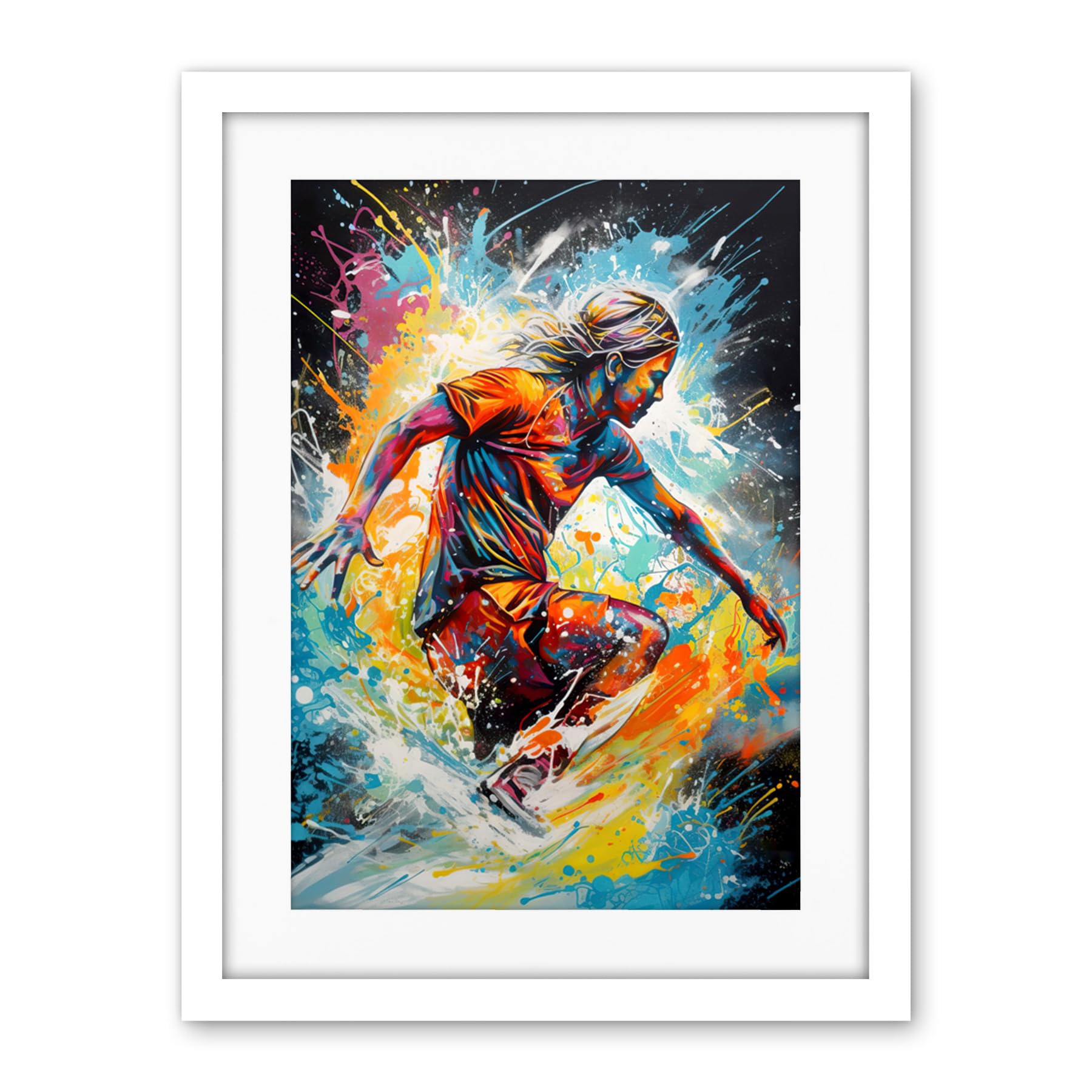 Artery8 Surfer Surfing on Splatter Paint Crashing Waves Artwork Framed Wall Art Print 18X24 Inch
