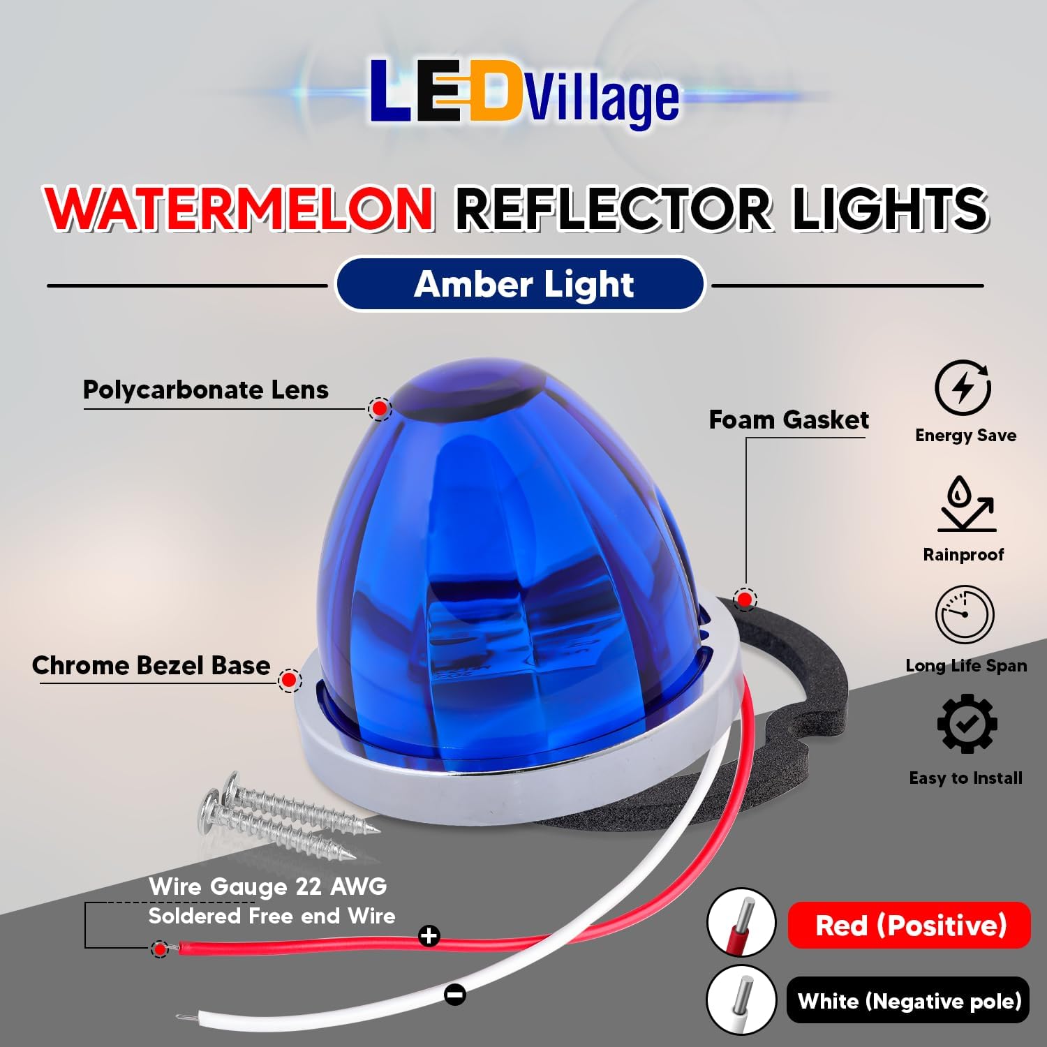 2Pcs Blue Watermelon LED Light with Stainless Steel Bracket, 12V Marker Clearance Lights for Semi Truck, Freightliner, Kenworth, Peterbilt, Heavy-Duty Trailers