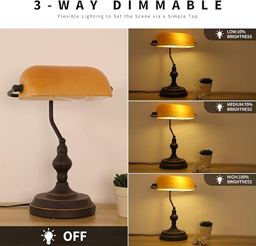 Miniatura 2 de Banker Desk Lamp Touch Control, Vintage Banker's Desk Lamp with USB Port, 3 Way Dimmable Desk Lamps, Farmhouse Library Lamp Oil Rubbed Bronze for