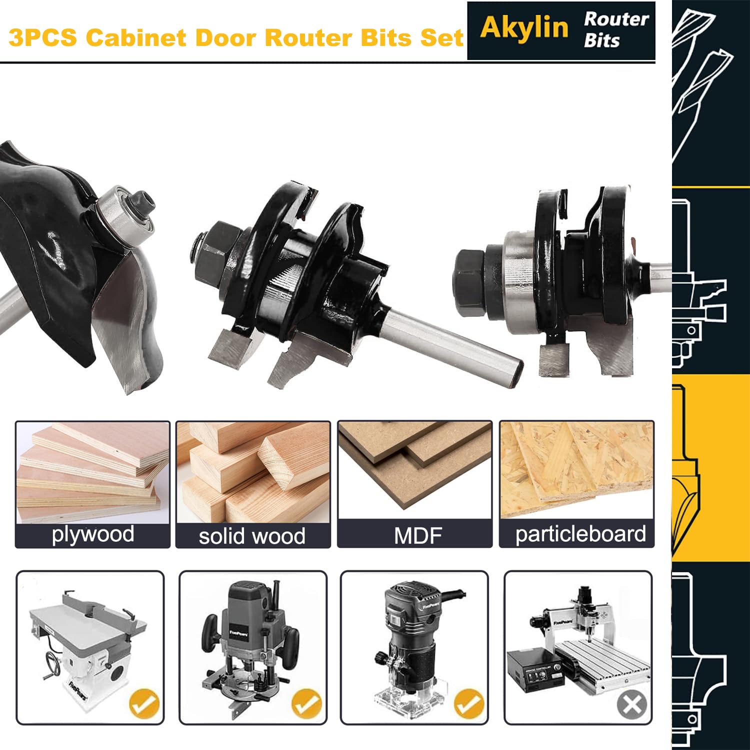 Ogee Rail and Styles Router Bits, 3PCS Router Bit Set 1/4 Inch Shank,Raised Panel Cabinet Door Making Router Bits for Woodworking,Door&Window Project