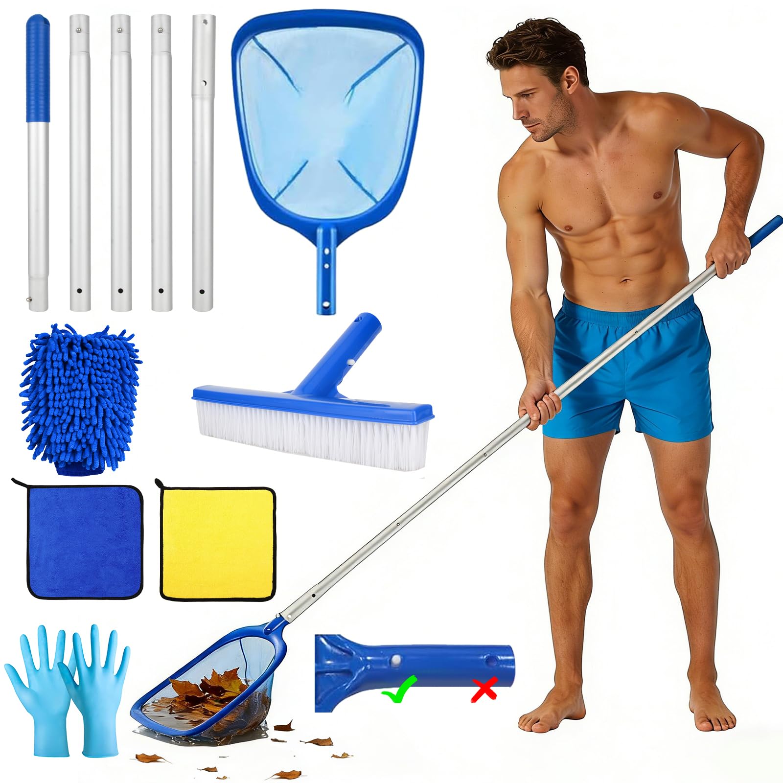 Epuisette Piscine avec Manche Telescopique 2,1 M, Écumoire de Piscine à Mailles Fines avec Brosse, Écumoire à Tamis à Mailles Fines, Kit d'écumoire de Piscine avec Chiffons de Nettoyage pour Piscines