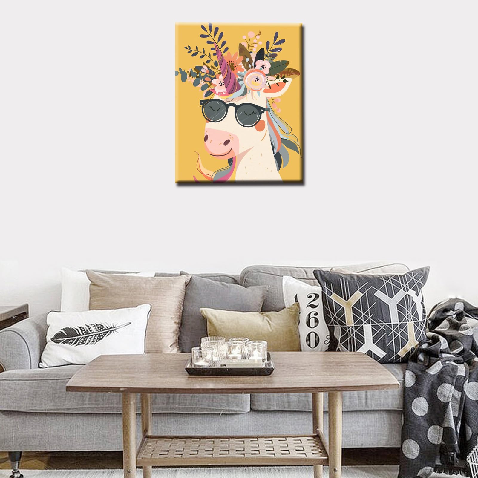 Dreamy Animal Flowers Poster Prints Artwork Smiling Unicorn Wearing Shades Straw Hat 1P Canvas Room Wall Creative Pictures Home Decor for Living Room Framed Gallery-Wrapped Ready to Hang 16x24inch - Image 2