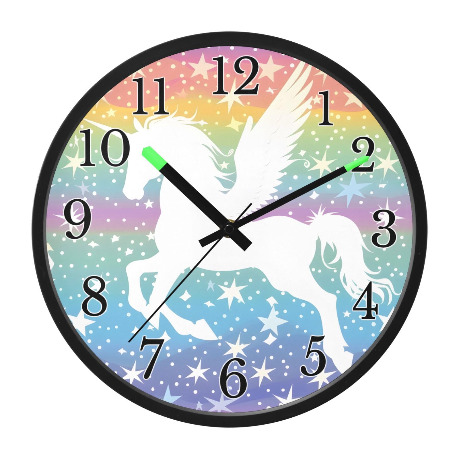 Mnsruu Reloj de pared luminoso con alas de unicornio y estrellas, reloj de dormitorio, funciona con pilas, reloj silencioso que brilla en la oscuridad, para sala de estar, cocina, 12 pulgadas