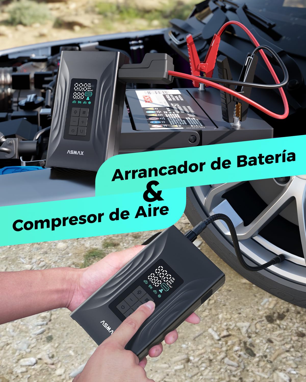 ASMAX T20 Arrancador de Baterias de Coche 4000A, Compresor de Aire 150PSI, Arrancador de Coche 12V para 9L de Gasolina o 8L de Diésel, Booster con Pantalla LCD Grande, para Coche/Moto
