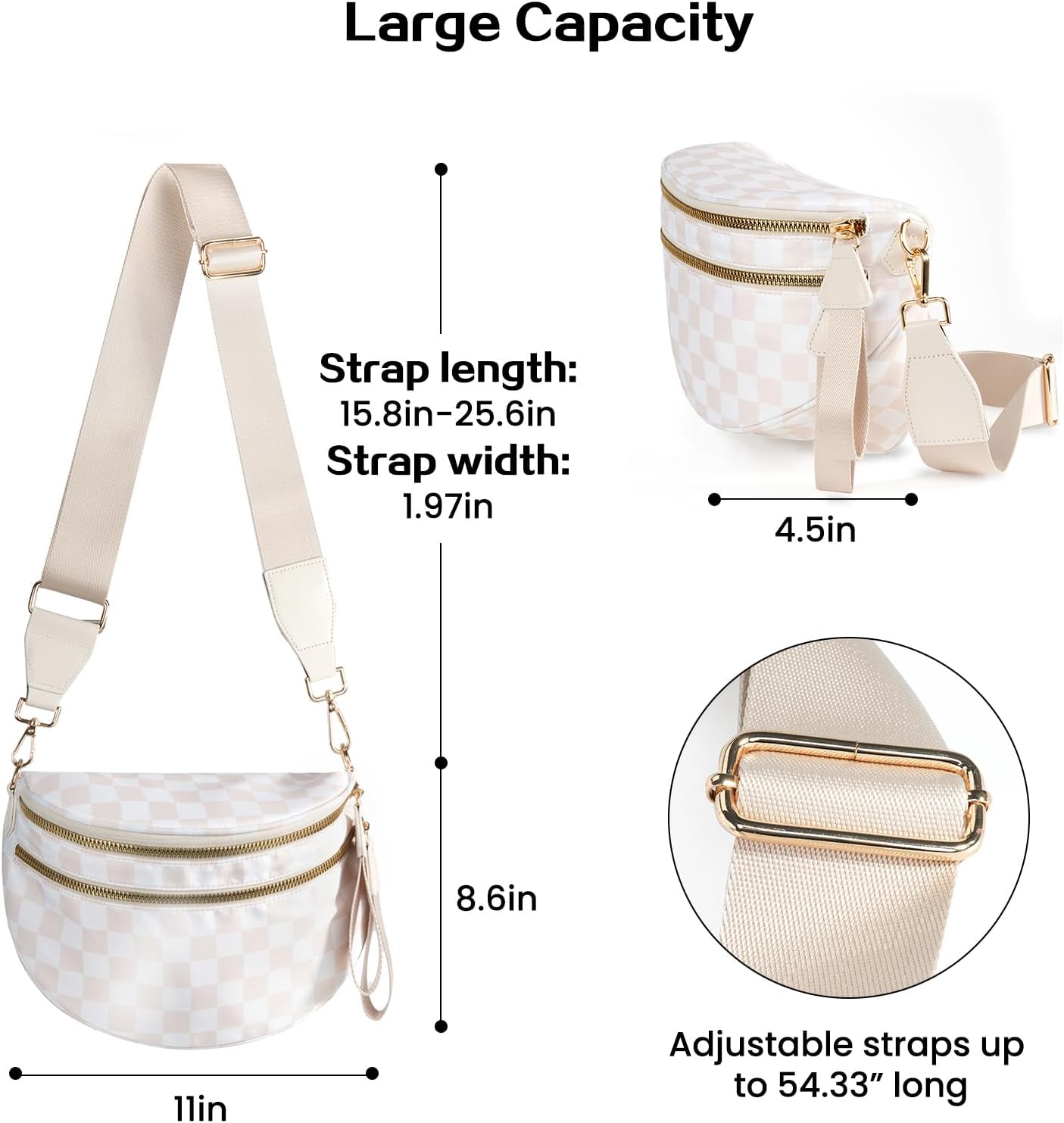 Checkered Bum Bag Crossbody Bag for Women, Spacious Purse Oversized Fanny Packs（Beige） - Image 5