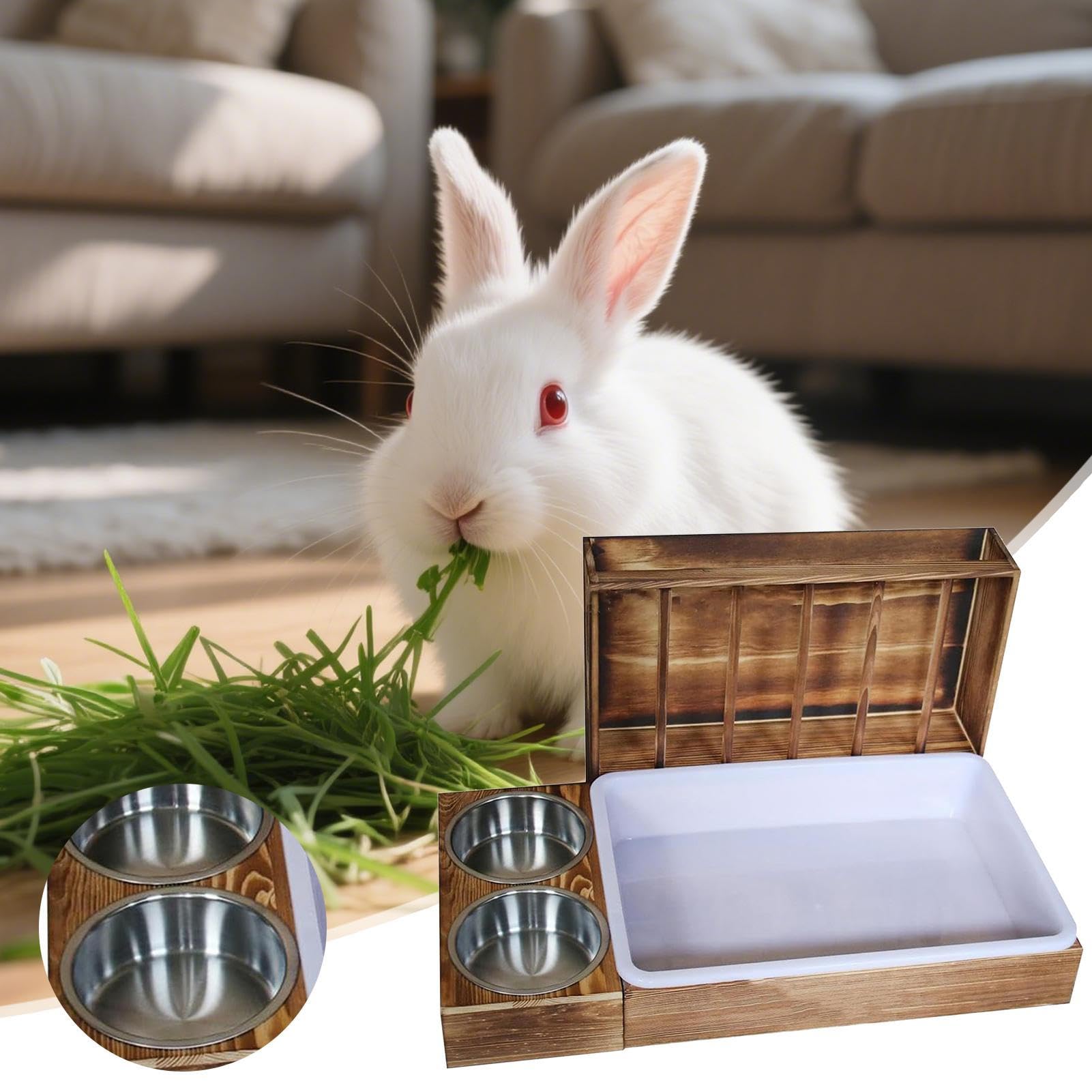 Dispensador De Heno para Conejos con De De Heno De Madera con 2 Cuencos Y | Portahenos Dispensador Antiderroche Multifuncion Para Jaulas De Roedores Y Mascotas Pequeñas