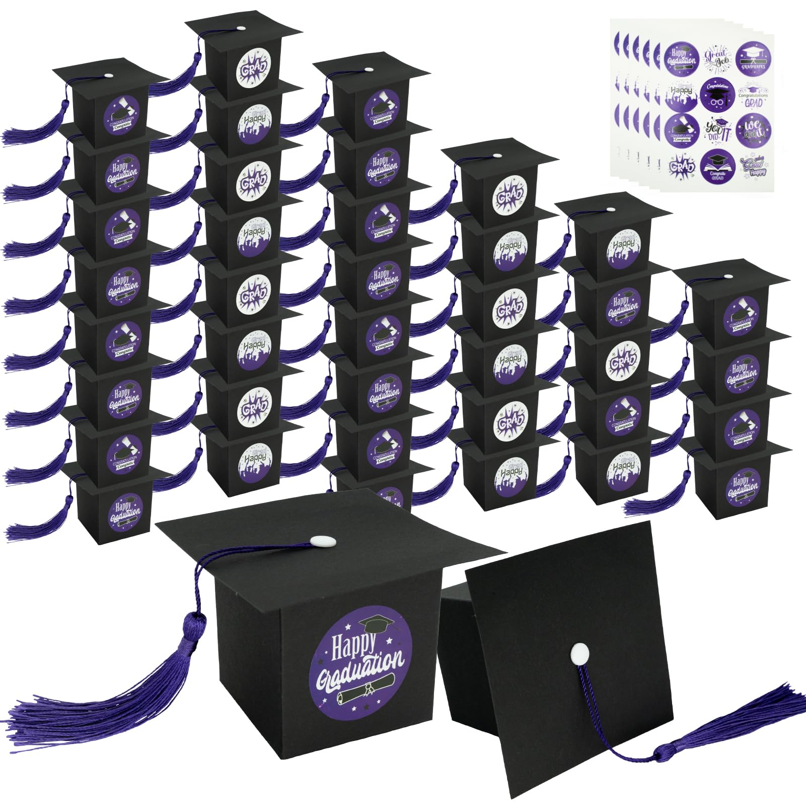 Phedrew 50pcs Graduation Candy Boxes with 17pcs Graduation Stickers Class of 2025 Graduation Cap Gift Candy Sugar Boxes with Tassels for Graduation