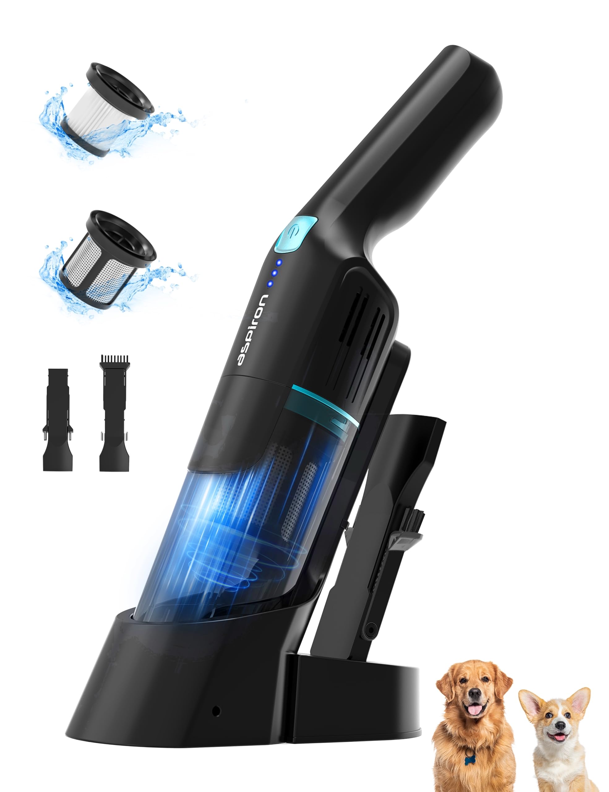 Aspiron Cordless Handheld Vacuum, 24KPA Powerful Car Vacuum, 2-Speed, 2 Charging Methods, Wireless Charger, Ergonomic Handle, Portable Rechargeable Vacuum Cleaner for Car, Home, Black Blue