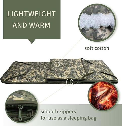 Vista 10 de GRVCN Woobie Blanket Military - Saco de dormir para acampar con cremallera, forro de poncho, manta aislante térmica, ligera, portátil