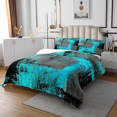 Miniatura 3 de Juego de colcha de color turquesa y gris, tamaño King, retro, verde azulado, degradado, para niños y adultos, acuarela, aguamarina, negro, gris