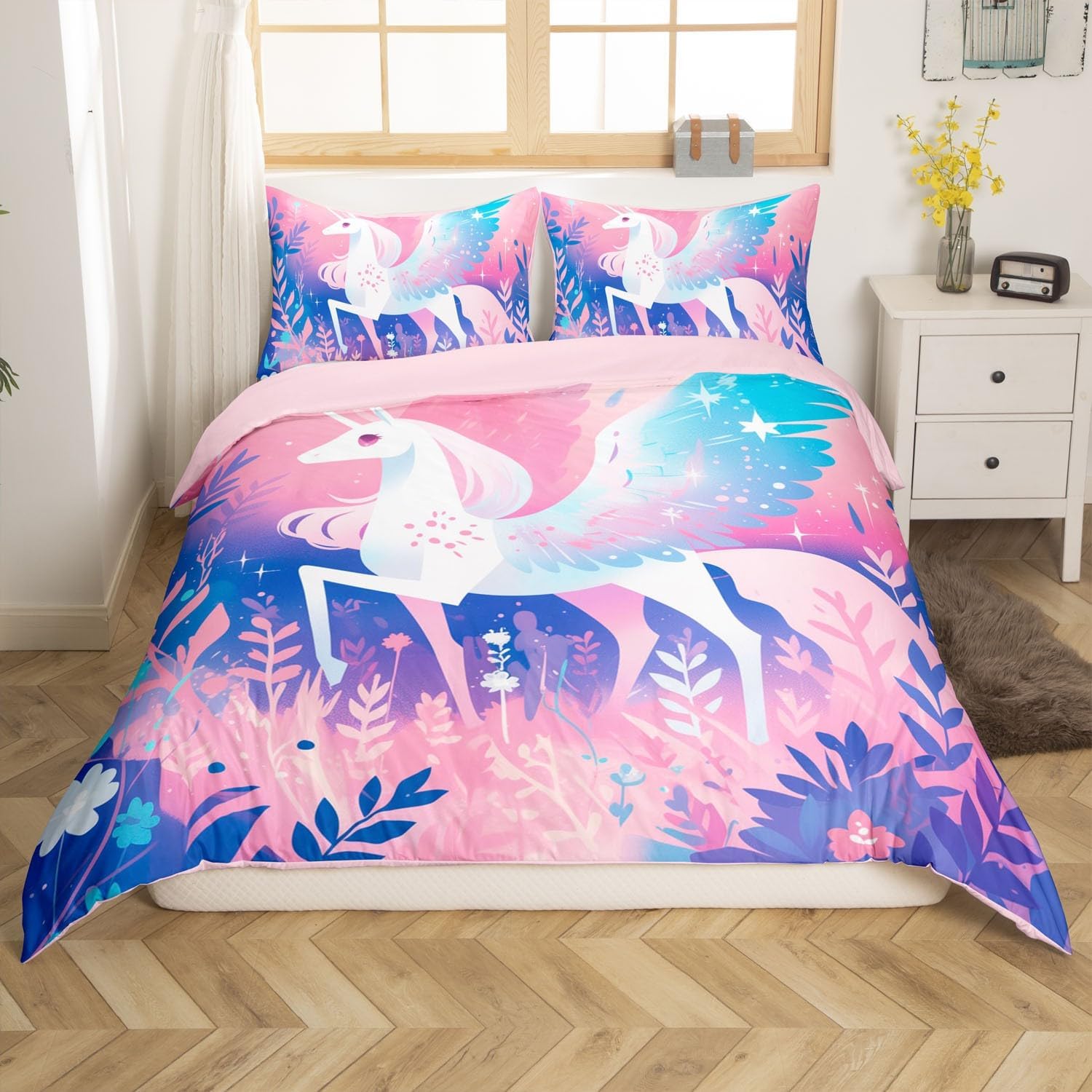 Manfei White Unicorn Toddler Size Duvet Cover,Princess Style Wings Fairy Tale Duvet Cover for Kids Teens All Season,Watercolor Pink Purple Leaves Starry Bedding Set,No Comforter