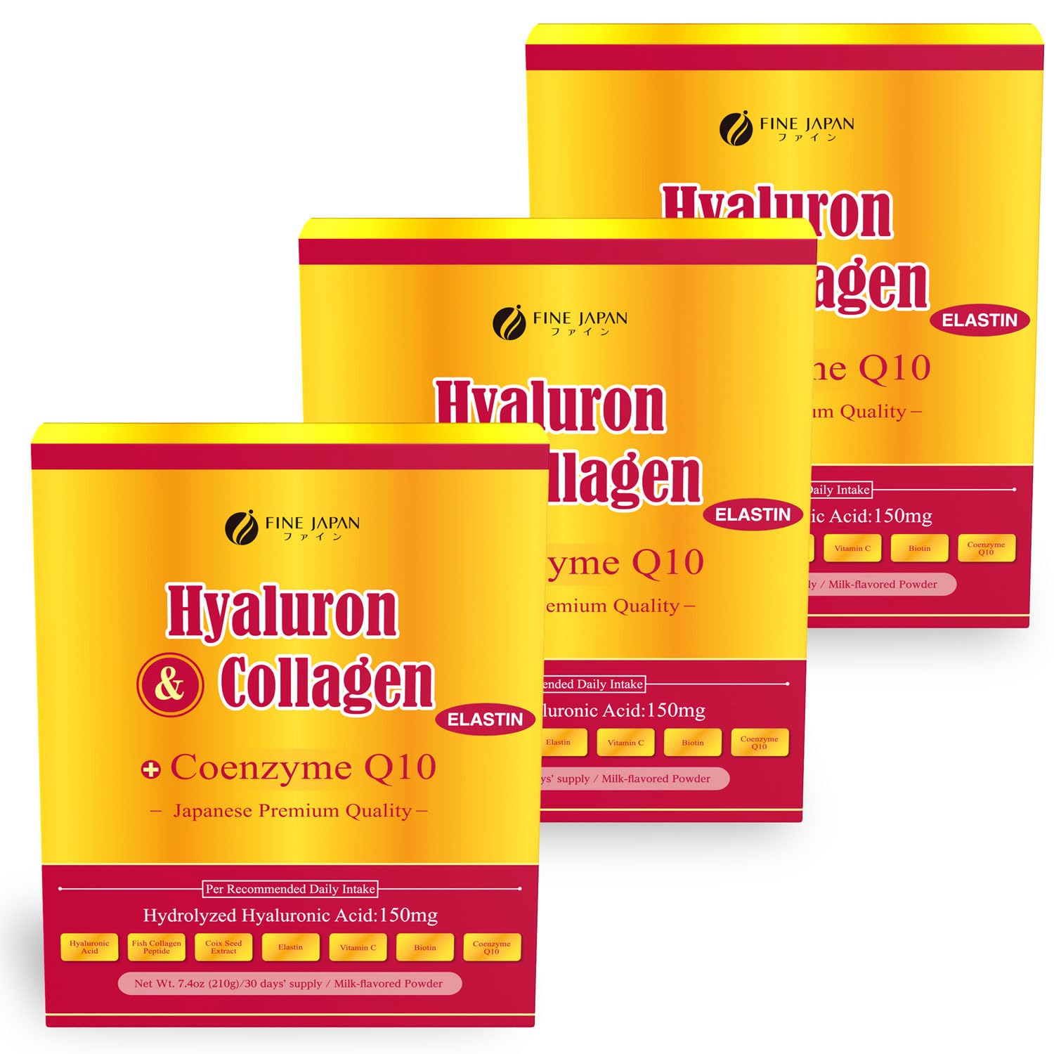 FINE JAPAN Premium Marine Collagen Powder with Hyaluronic Acid CoQ10 Elastin Set of 3 Non-GMO - 30 Servings