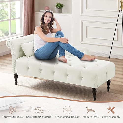Miniatura 8 de Chaise Lounge - Silla de terciopelo para interiores con almohada, con botones copetudos, brazo derecho, con ribete de cabeza de clavos y patas