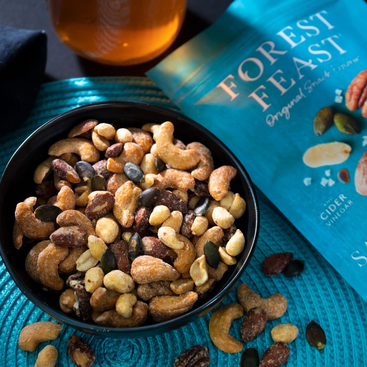 FOREST FEAST Mieszanka wolno palonej soli i octu orzechów 8 x 120 g | sól morska i ocet cydr prażone orzechy orzechowe z orzechami nerkowca, migdałami, orzeszkami ziemnymi, pekanami i nasionami dyni | wegańska przekąska