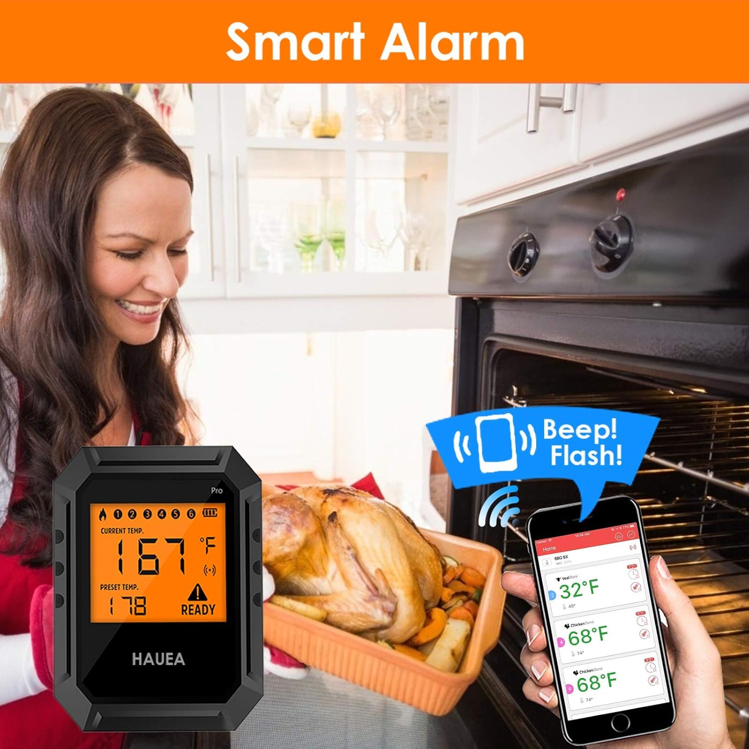 A woman smiling while looking at her phone displaying a smart alarm notification from the Nobebird thermometer, with a cooked turkey in the oven.