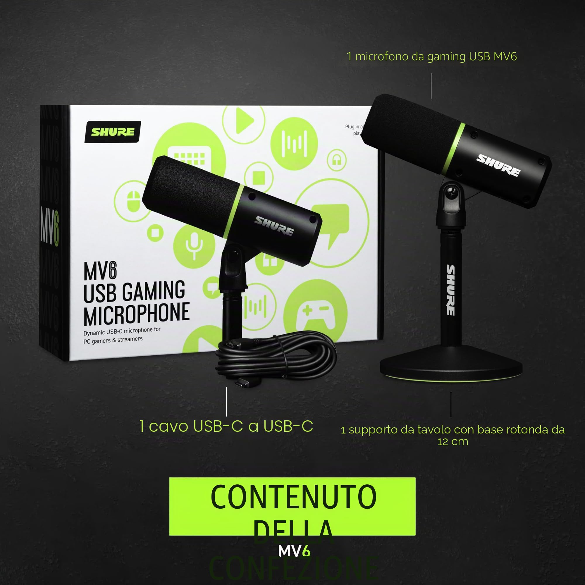 Shure MV6 Microfono da Gioco USB, USB-C, Microfono Dinamico, Auto Level Mode, Popper Stopper Digitale, per Giocatori PC e Streamer