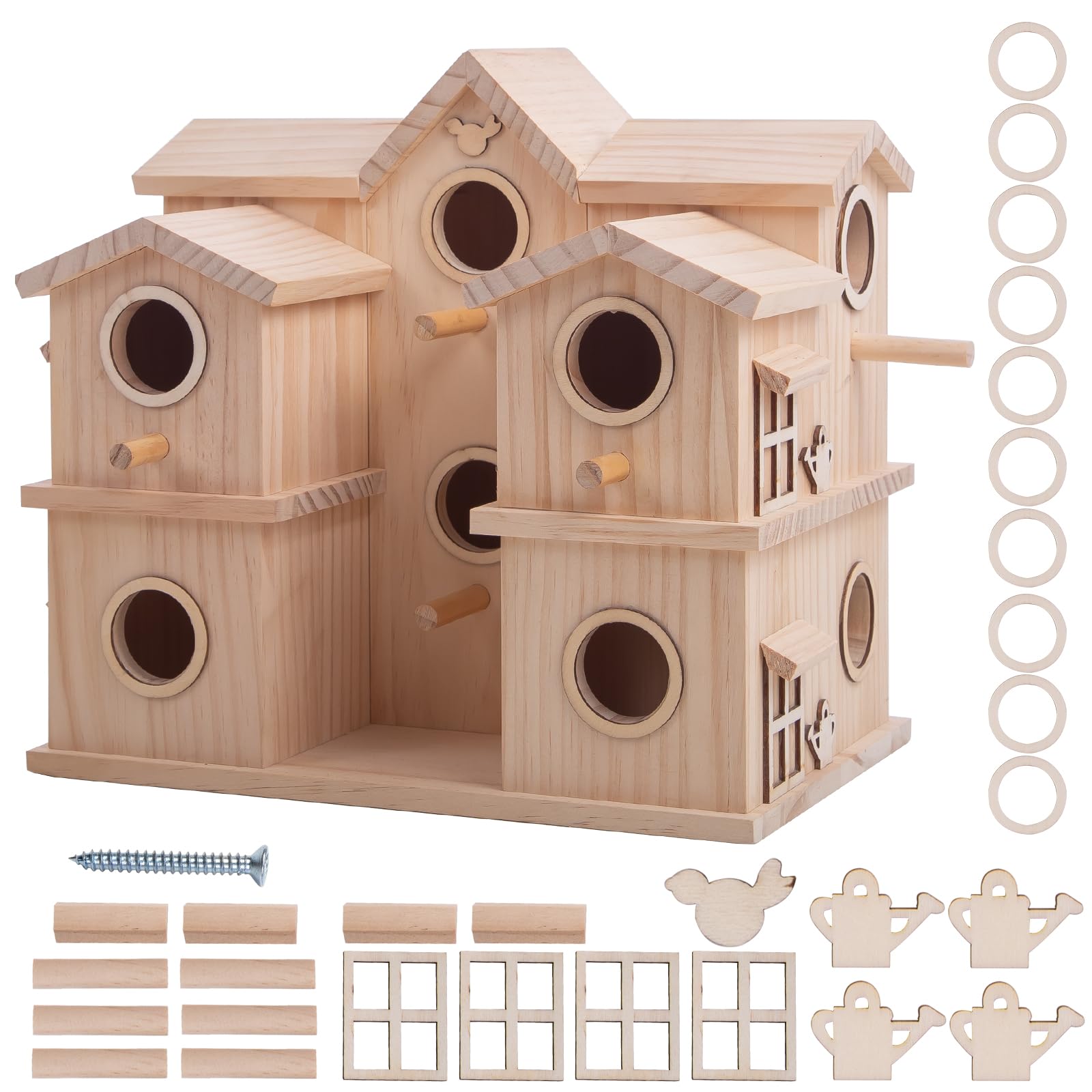 Nichoir à oiseaux en bois à plusieurs compartiments, 10 niches, pin naturel brut