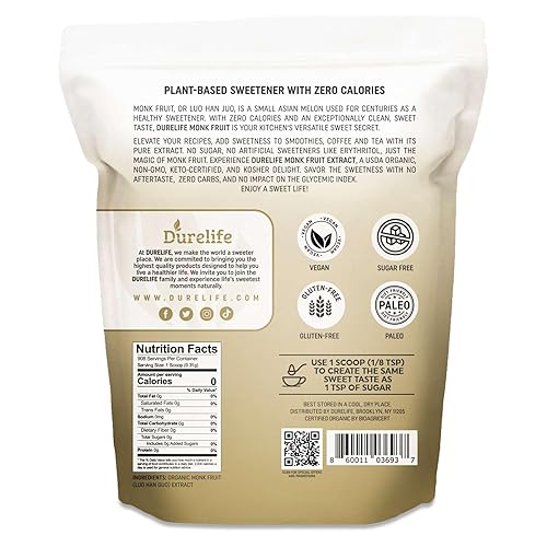 Miniatura 10 de Durelife Edulcorante orgánico de fruta de monje 100% puro, sin eritritol, extracto de monje en polvo, proyecto orgánico sin OMG por USDA,
