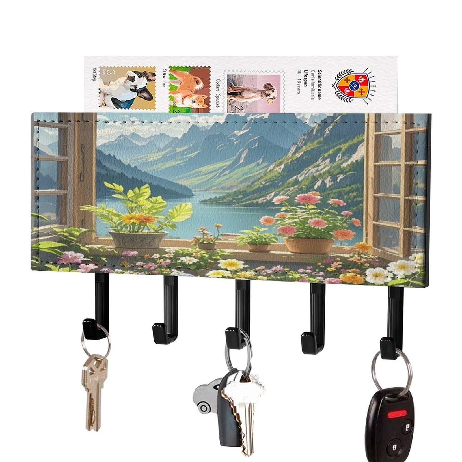 VstaDank Natural Scenery Key Holder for Wall Decorative Mail Organizer Wall Mount with 5 Hooks Easy Installation Key Rack PU Adhesive Keys Rack for Entryway Door Bathroom Kitchen