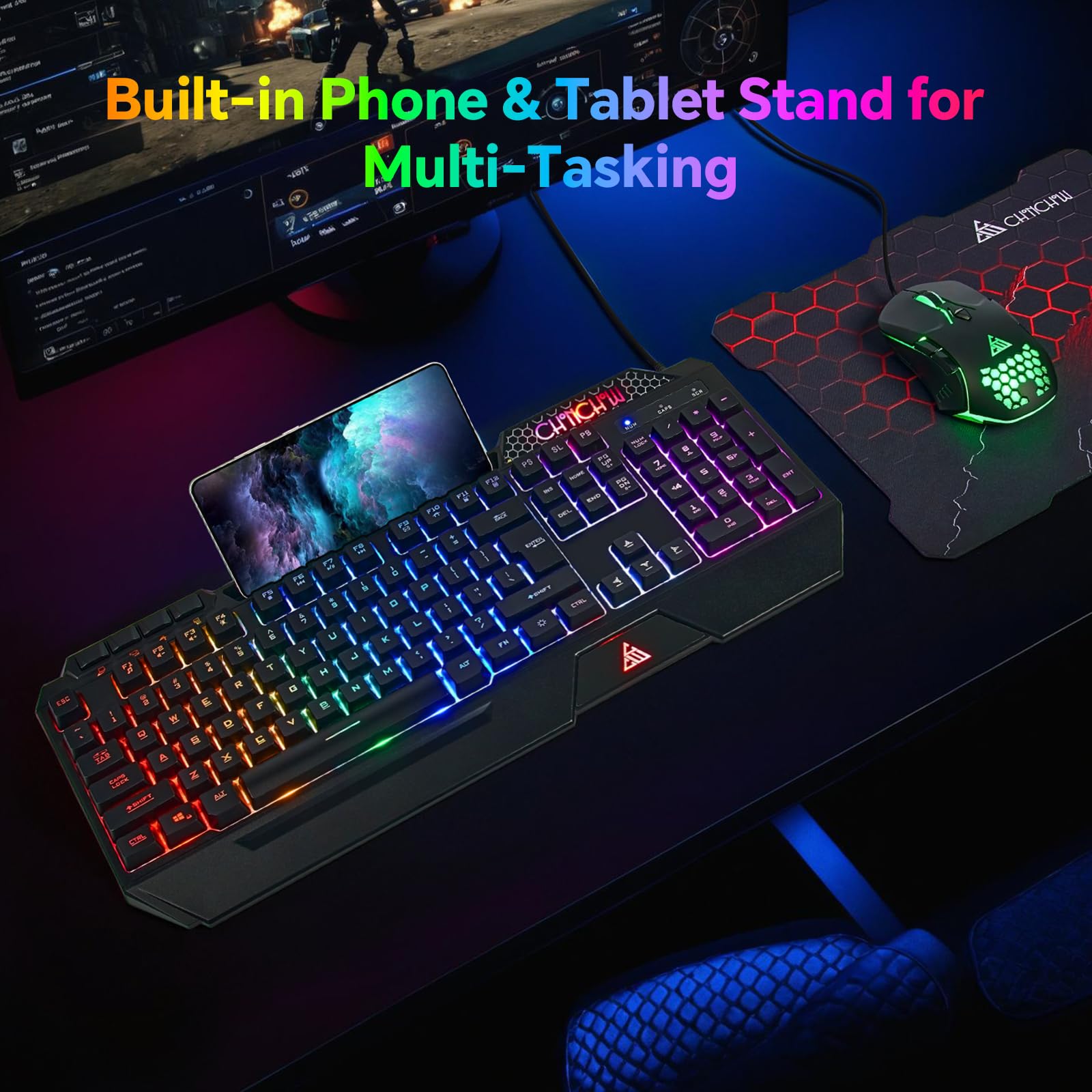 CHONCHOW Tastiera da gioco e mouse combinata, tastiera silenziosa retroilluminata RGB con cavo USB, anti-ghosting, con poggiapolsi ergonomico e supporto per telefono, mouse da gioco 7D 7200 DPI per PC