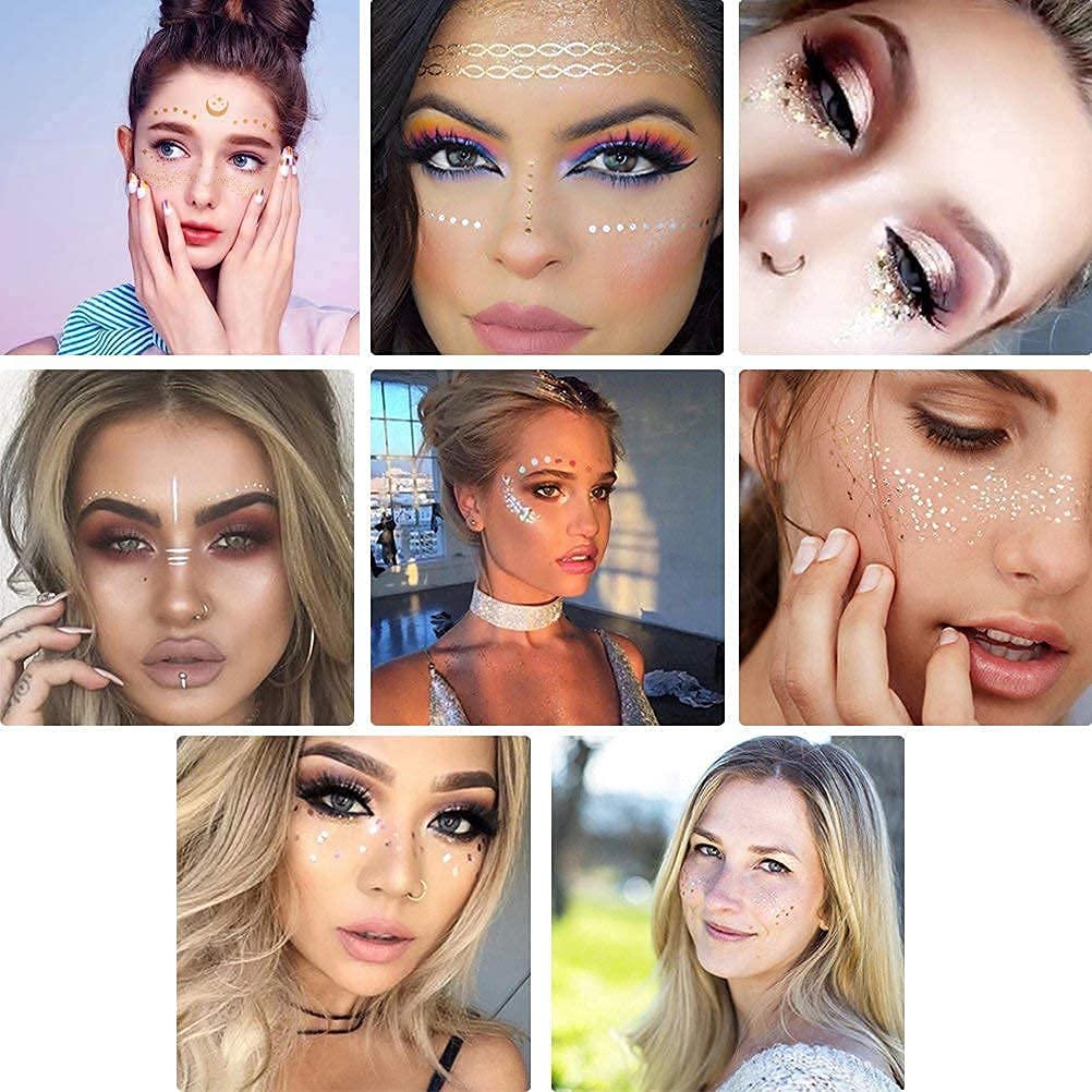 8 Sheets Halloween Face Temporary Tattoo Sticker Freckle fortune teller Face Gold Glitter Metallic Tattoo for Professional Make up Dancer Costume