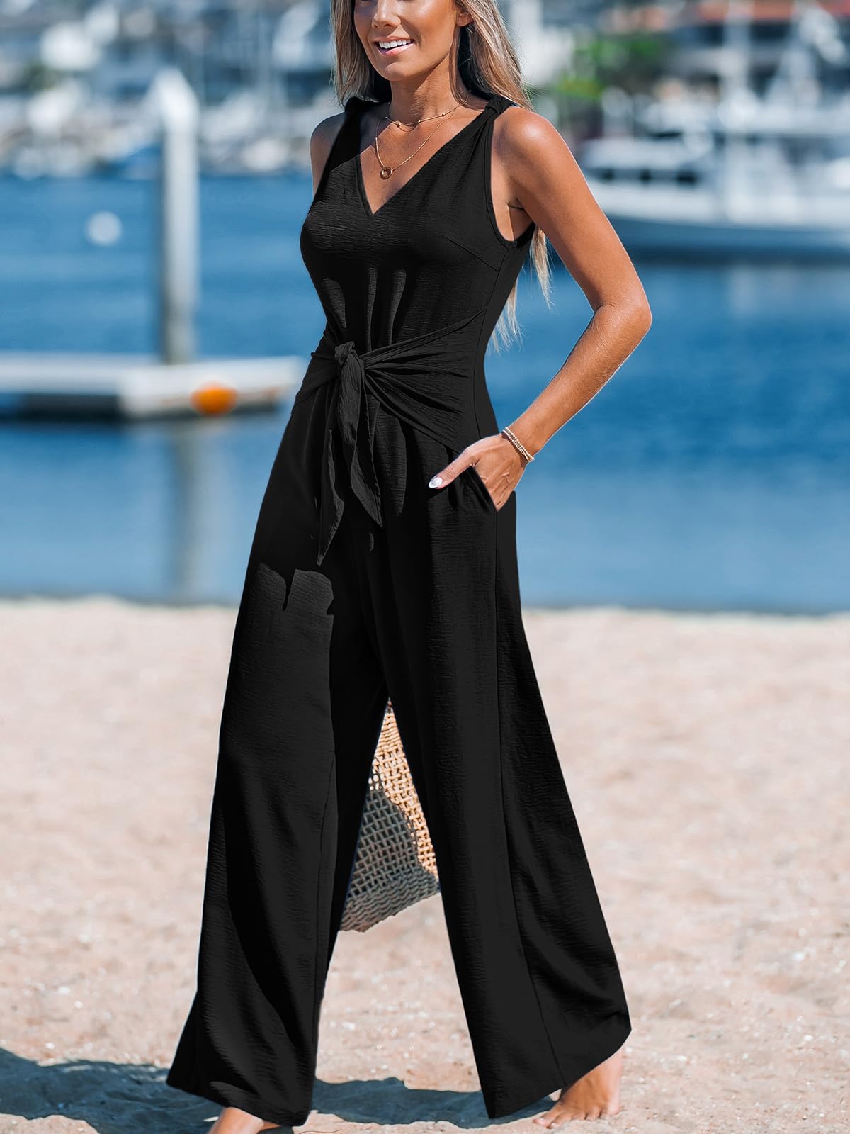 CUPSHE Tuta da donna con scollo a V, senza maniche, con cintura e cinghie larghe con nodi, estiva, da spiaggia